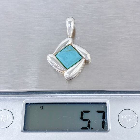 Estate Sterling Silver 925 Turquoise-Color Magnesite Square Pendant - Picture 8 of 8